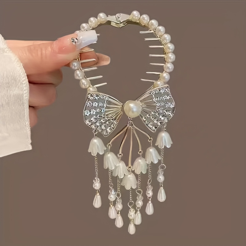1pc vintage elegant hair clip beads tassel chains bell  display picture 2