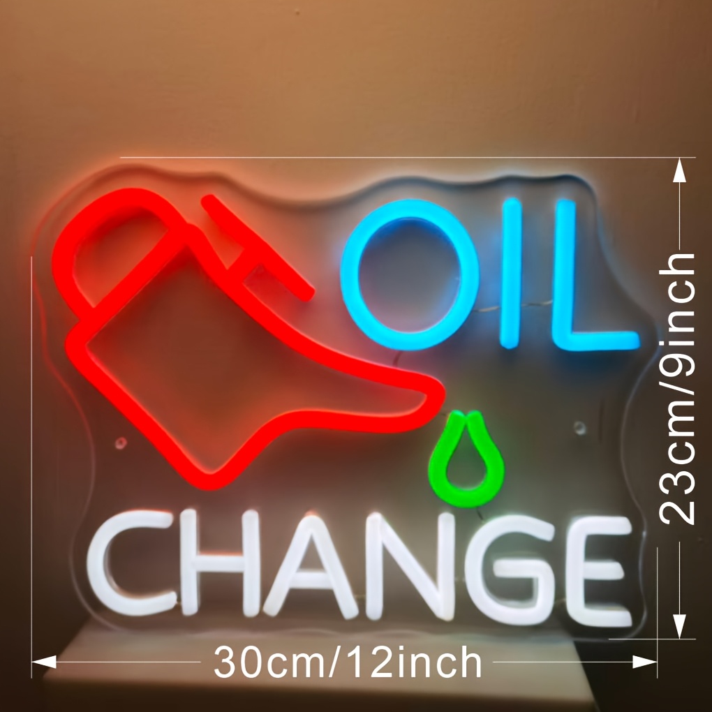 TEMU Oil Change Neon Sign | Red Blue Green Led Neon Light | Usb Powered Wall Decor | Design Auto Shop Sign For Garage Man Cave Mechanic Workshop |