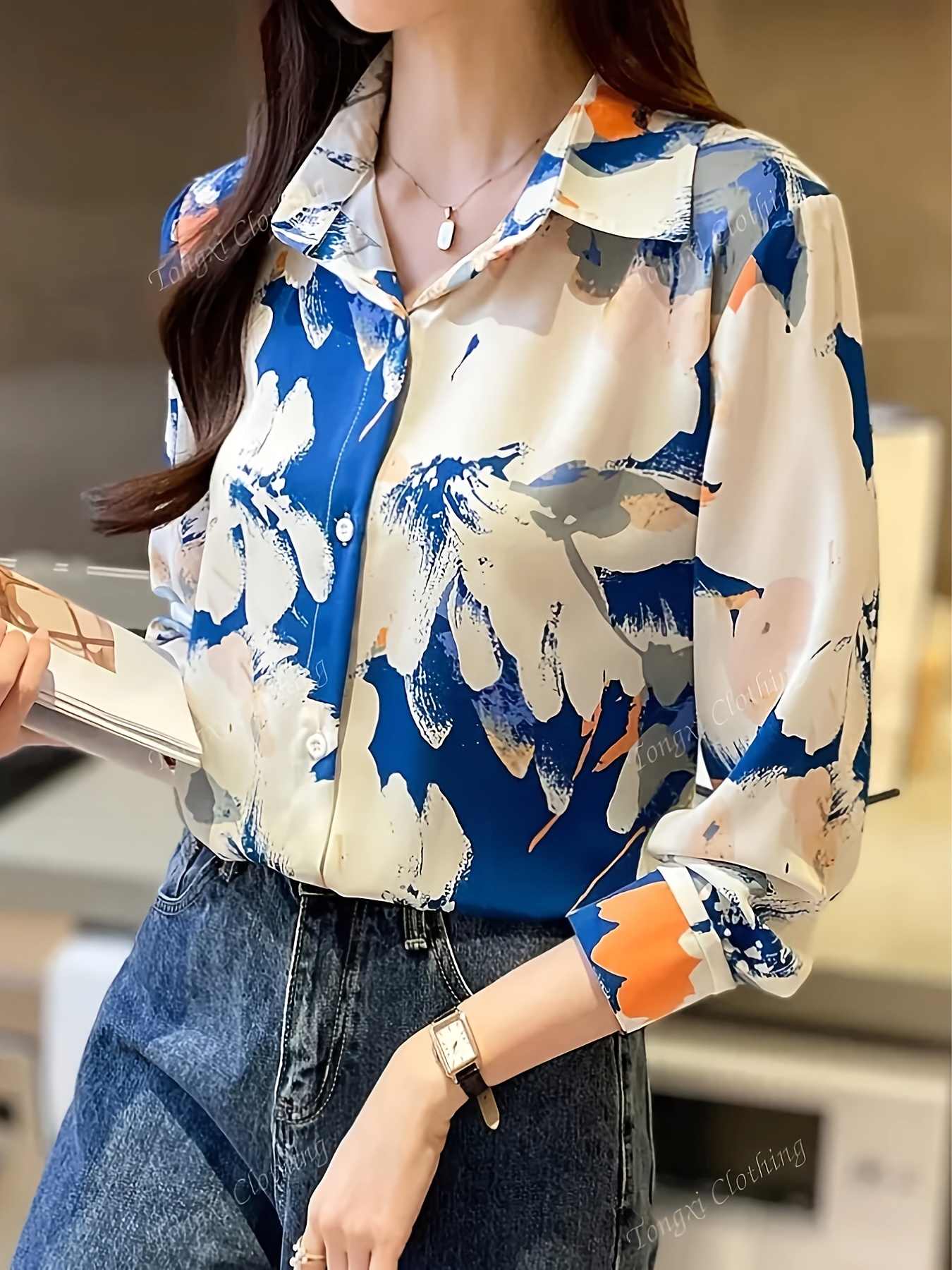 blusa elegante estampado floral mujer larga camisa Temu
