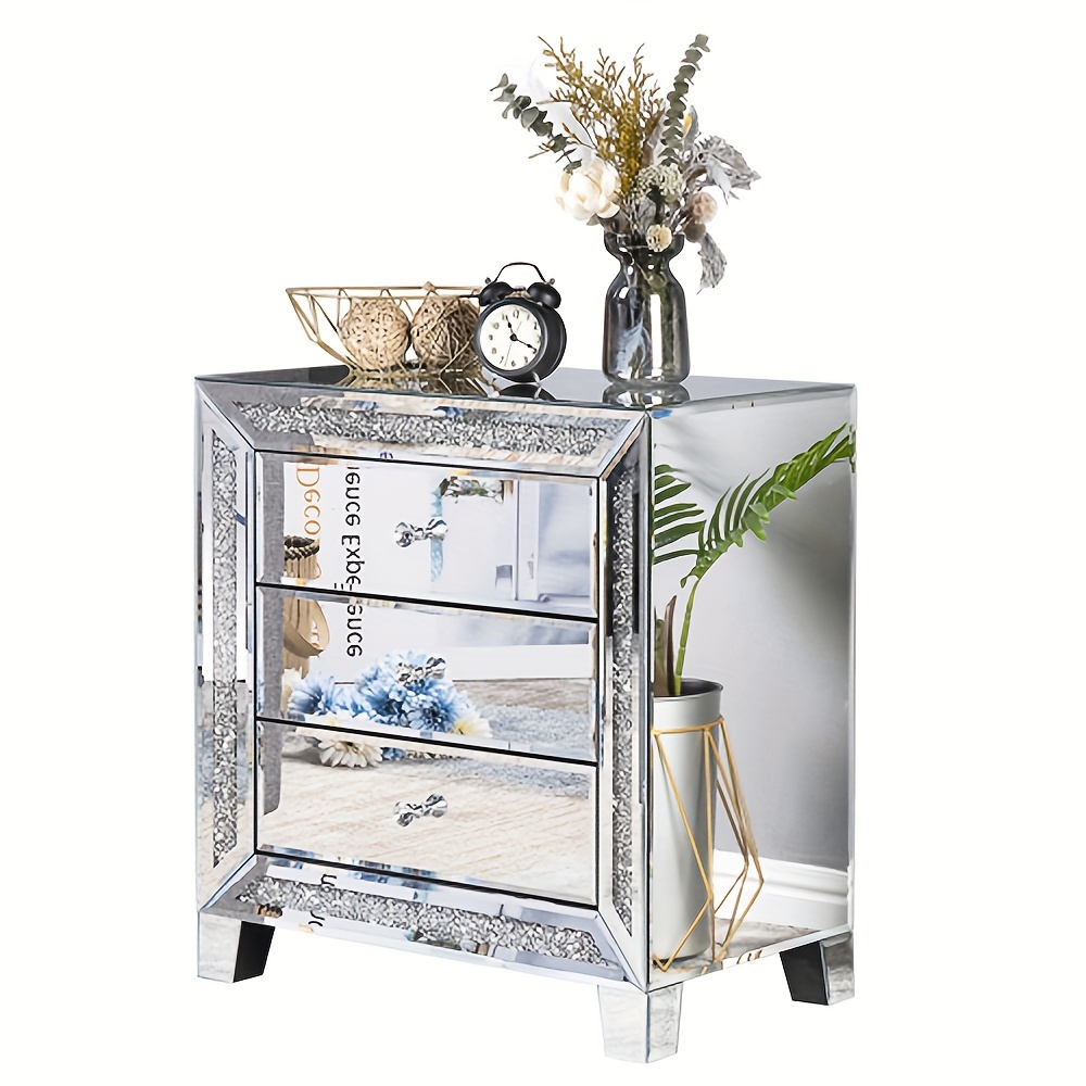 

1pc Mirrored Glass Bedside Table With Drawers, 23*13.8*24.8in, Density Board With Mirrored Surface, Home Furniture