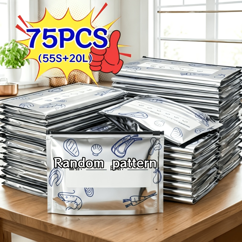 TEMU 75pcs Reusable Washable Aluminum Foil Storage Bags With Date Labels, Leakproof Freezer And Fridge Pouches For Meat, Veggies And Fruit, Random