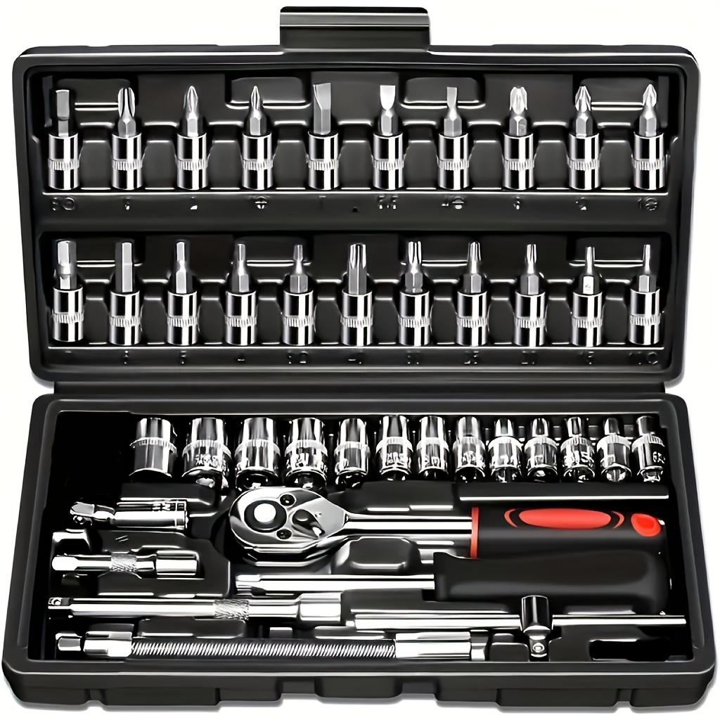TEMU Jeu d'outils à main comprenant une poignée à cliquet, une barre d'extension, une cardan, une barre coulissante, des douilles SAE et métriques,