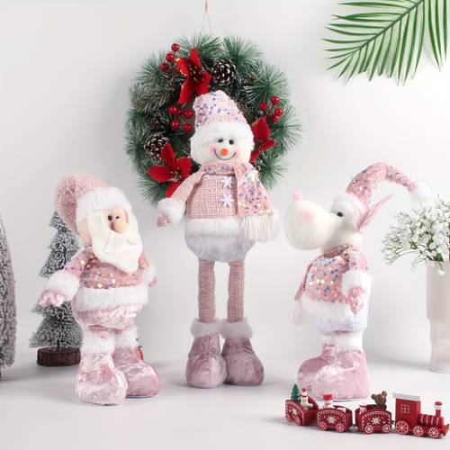 1pc/3pcs Pink Sequin Christmas Doll - Retractable Santa, Snowman & Reindeer Design, and Office Decor, Christmas Window Scene Doll, Ideal for Thanksgiving, Christmas, New Year Celebrations, Halloween, Party, Wedding, Autumn, New Year Decoration