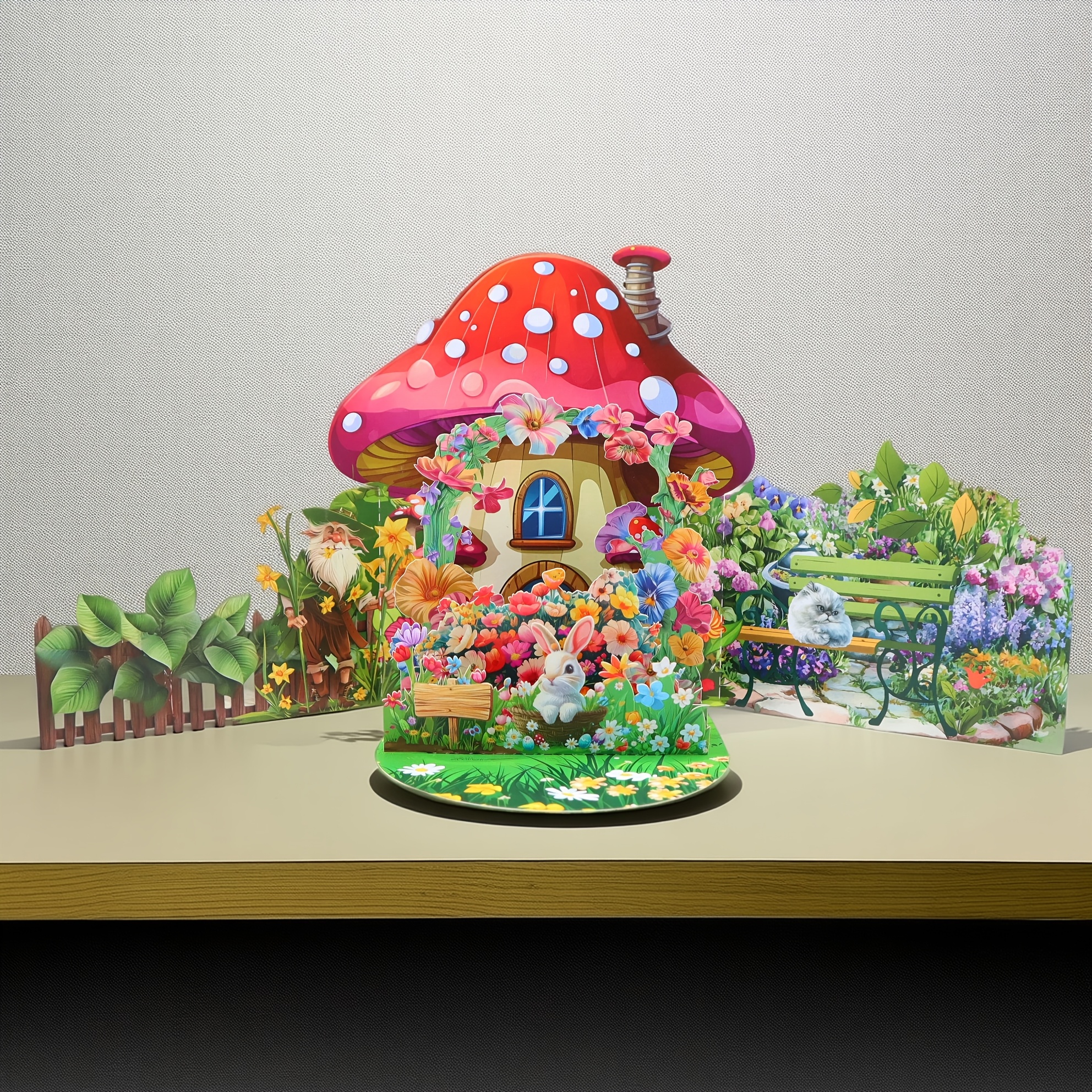 Image of A 3d Pop-up Greeting Card Featuring A Floral Mushroom House, With A Raised Panel That Up A Pastoral World, Suitable For Occasions Like Birthdays, Valentine's Day, Anniversaries