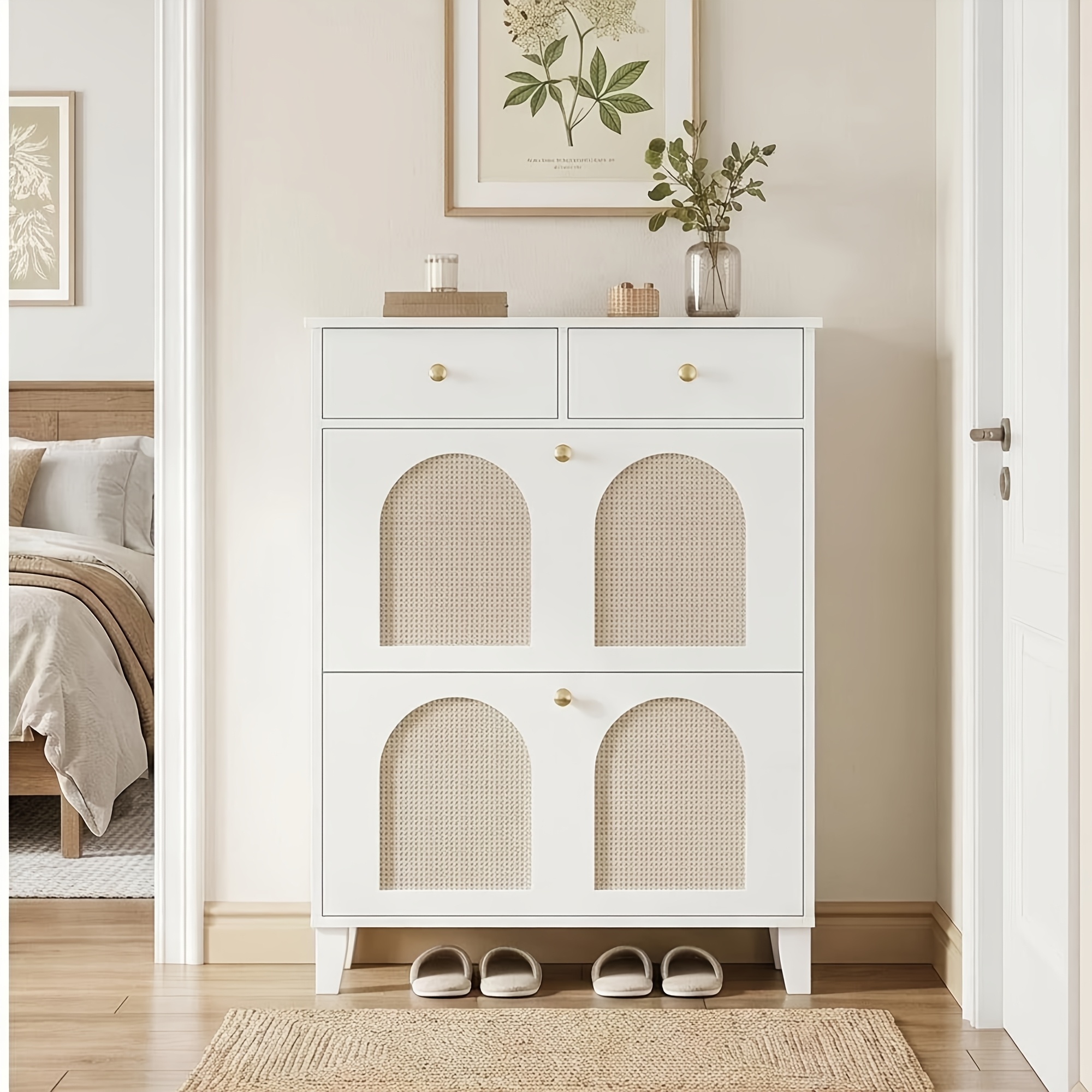 Large White Rattan Shoe Cabinet With 2 Lids + 2 Drawers, Material, 12-16 Dual Capacity, Adjustable Shelves, Hallway Shoe Storage