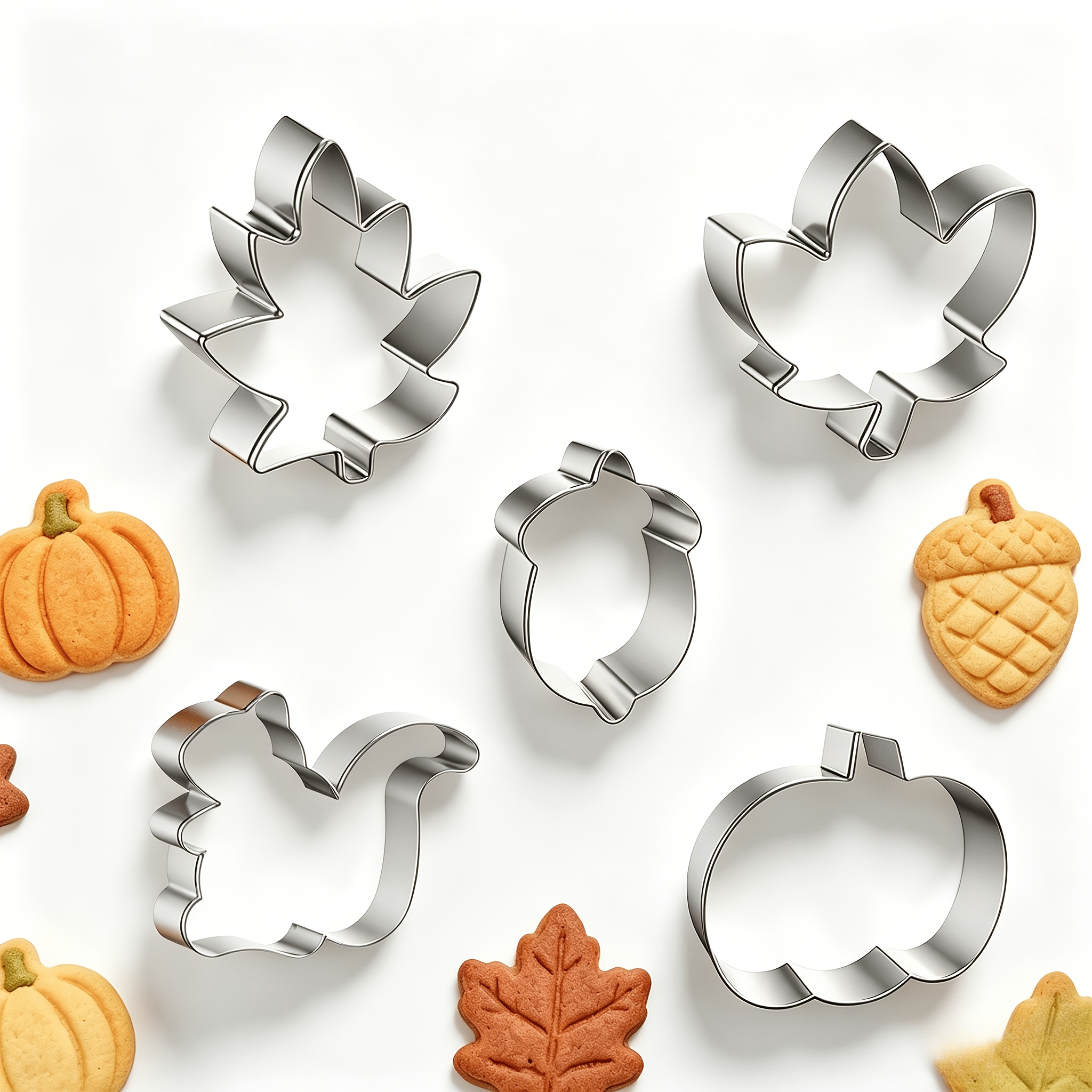 TEMU Set de 5 emporte-pièces d'automne en acier inoxydable pour Thanksgiving, de feuille d'érable, écureuil, gland, citrouille, moules à biscuits,