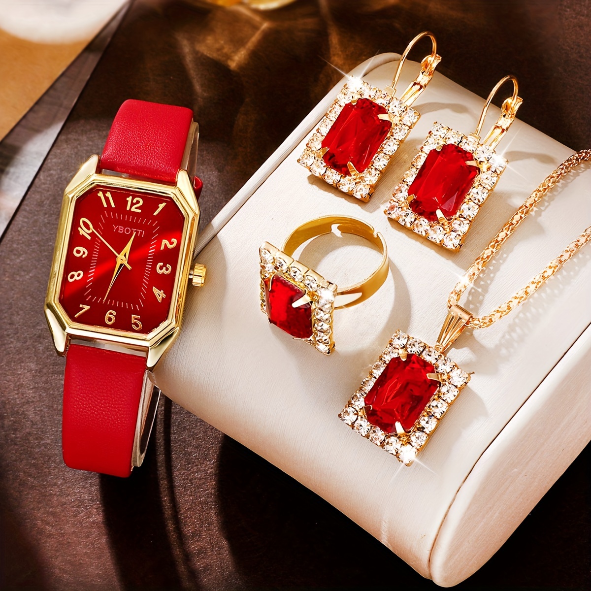 

5 Popular Women's Elegant And Fashionable Quartz Watches+popular Diamond Square Jewelry Set For As A Gift For