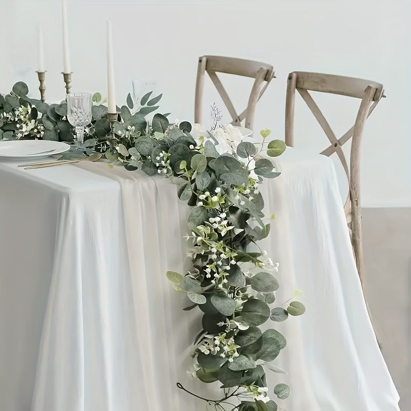 

1pc, 5.9ft Eucalyptus Wreath Silver Dollar Eucalyptus Leaves Boxwood Artificial Faux Greenery Wreath Vines For Baby Shower Wedding Party Table Runner Room Home Mantle Decor
