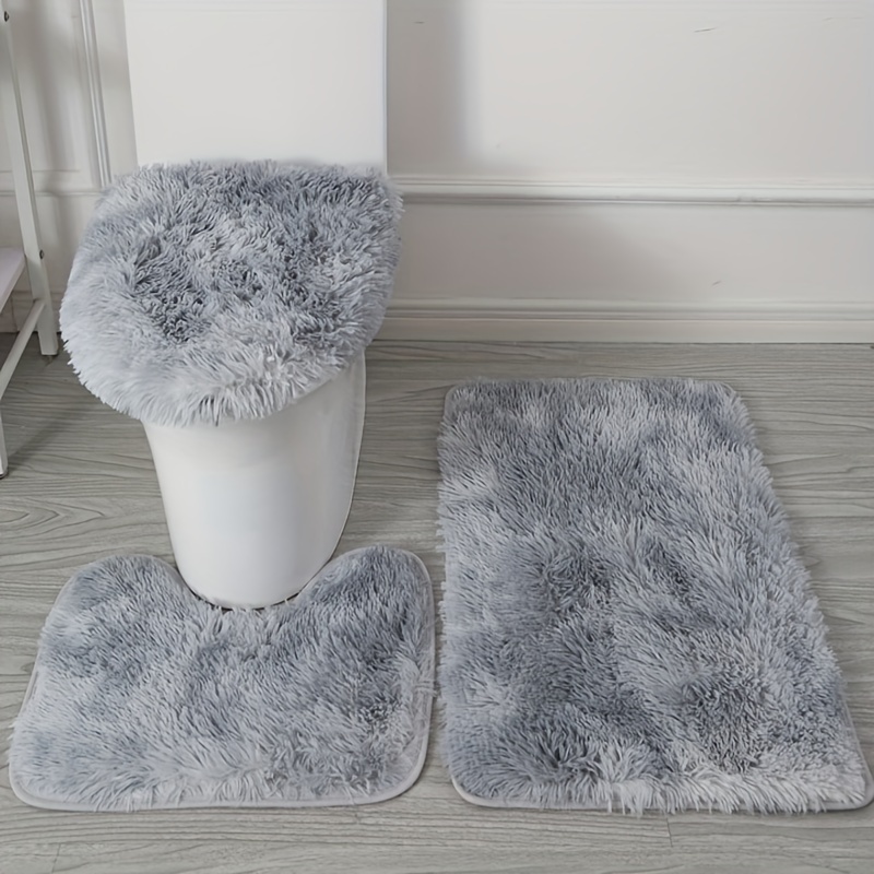 TEMU 3pcs Luxurious Bathroom Rug Set - Non-slip, High Quality, Soft, And Absorbent Mats With Toilet Mat, Lid Cover Pad, And Shower Curtain Sets For Bathroom Decor