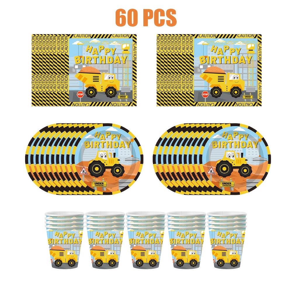 Image of 60pcs Construction Vehicle Party Tableware, Excavator Birthday Decorations Cutlery, Cartoon Theme Party Packs, Including Paper Cups, Plates And Napkins, Suitable For Anniversaries And Baptism
