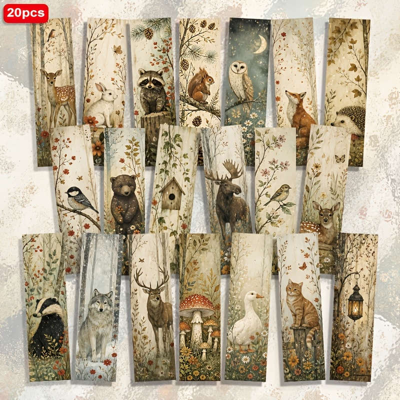 TEMU Lot de 20 marque-pages en papier imprimés en 2D 1,5 po*5,9 po, motif peinture à l'huile vintage d'animaux de la forêt : , lapin, , ours, renard,