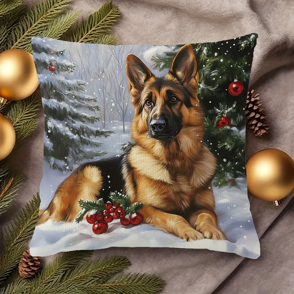 TEMU Soft Christmas Pillow Cover Measuring 45.72x45.72cm Featuring A German Shepherd - Double-sided Print, Machine Washable, With Zipper Closure,
