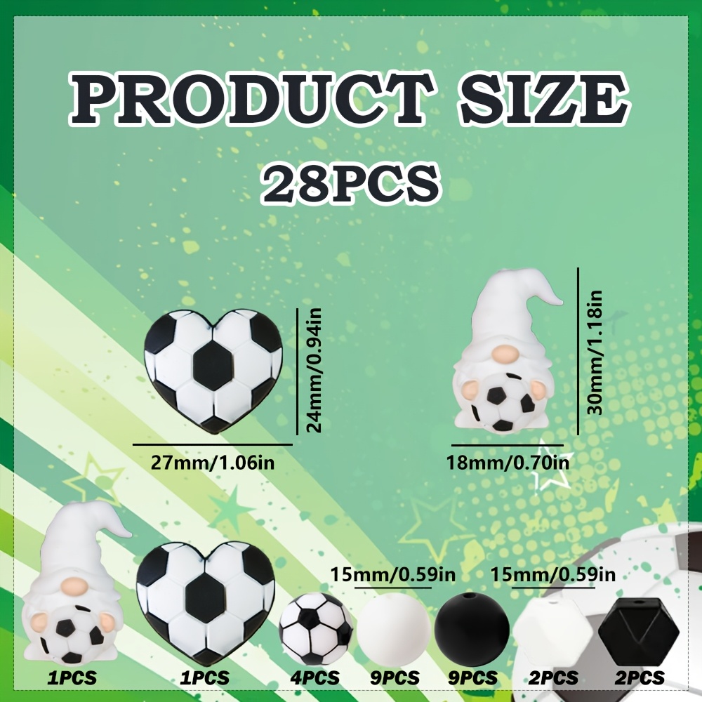 TEMU Lot de 28 perles en gnome de foot et cœur de foot - Breloques mignonnes à visage , entretoises durables avec motif de ballon de foot de 15 mm,