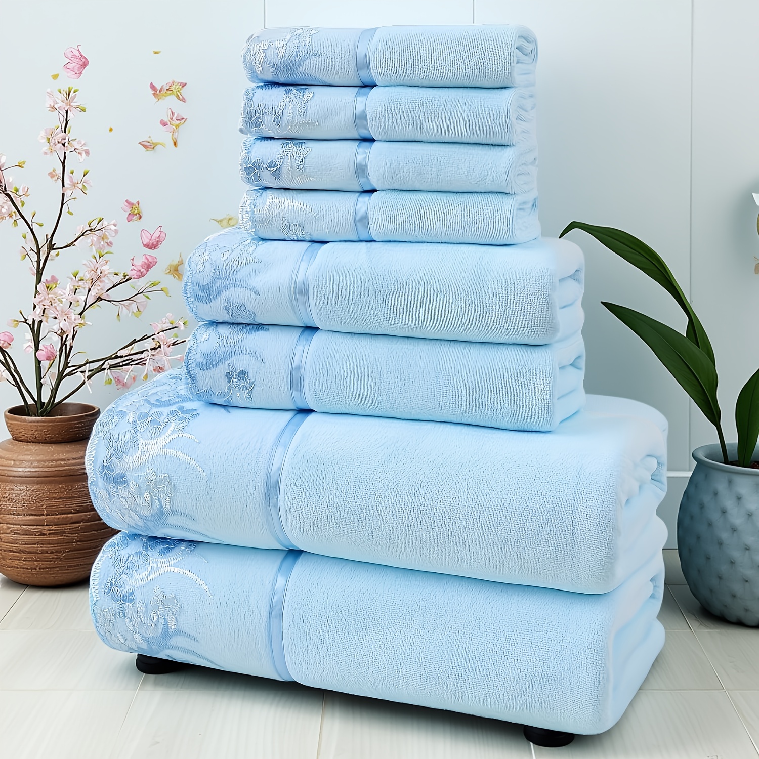 TEMU 8pcs Set, Exquisite Lace- Towel And Bath Towel Set, Fiber Thick And Soft Luxurious High-weight 350gsm Bath Towel, Daily Necessities, Festival
