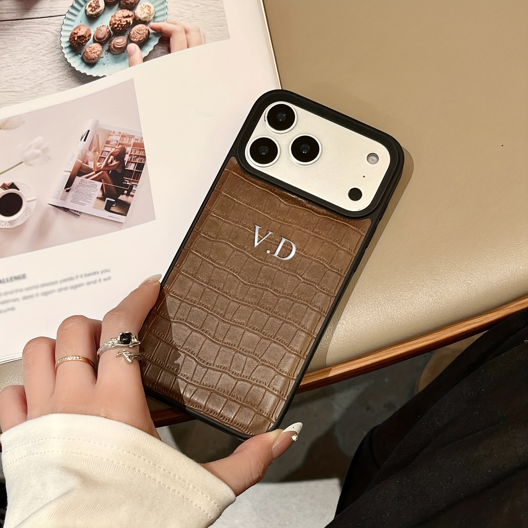 TEMU Phone Case - Personalized Customized Name Initial Phone Case Compatible With Iphone 11 12 13 17 Pro Plus 17 Classic Crocodile Pattern Faux
