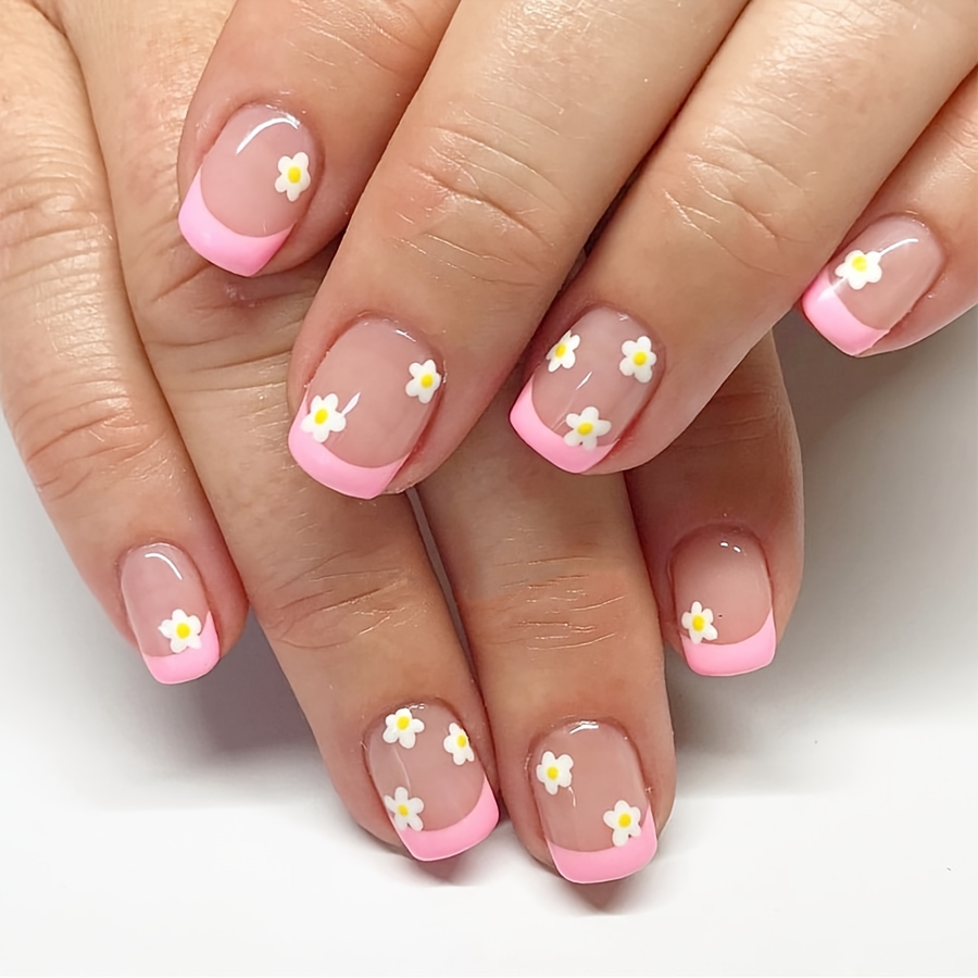 E-shop 24-teilige kurze glänzende quadratische Aufklebenägel für Frühling/Sommer, neues nude-rosa umrandetes französisches Blumendesign, süß, niedlich