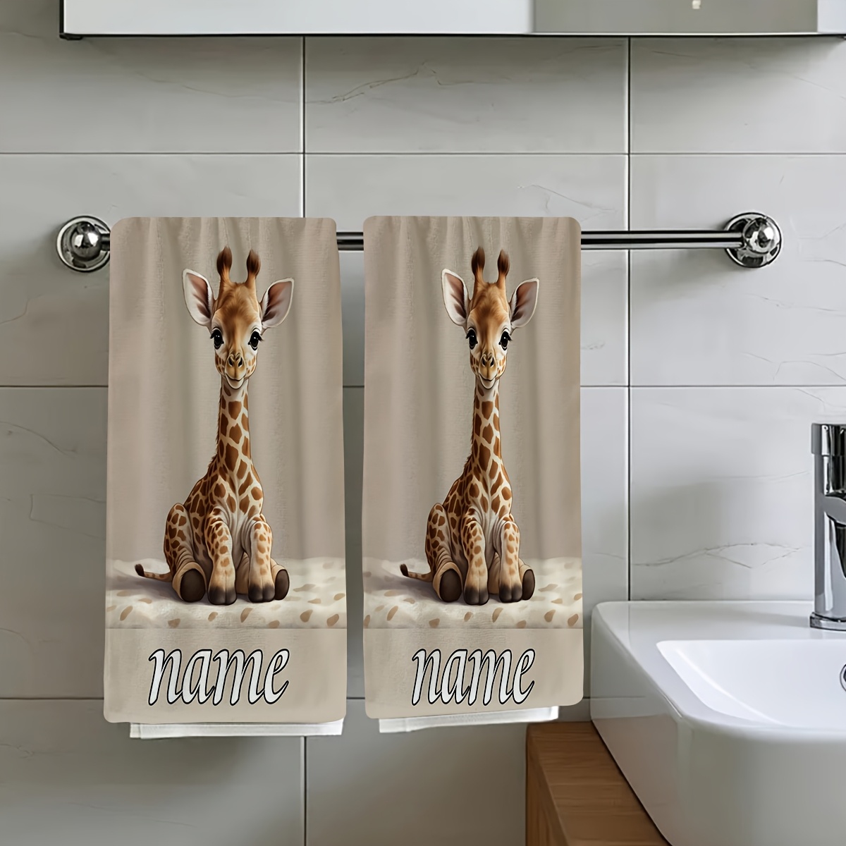 TEMU 2er-Set, ein niedliches Cartoon-Giraffe auf dem Bett, Reise-Essential-Handtuch, anpassbares Text-Handtuch, personalisiertes Handtuch mit Namen,