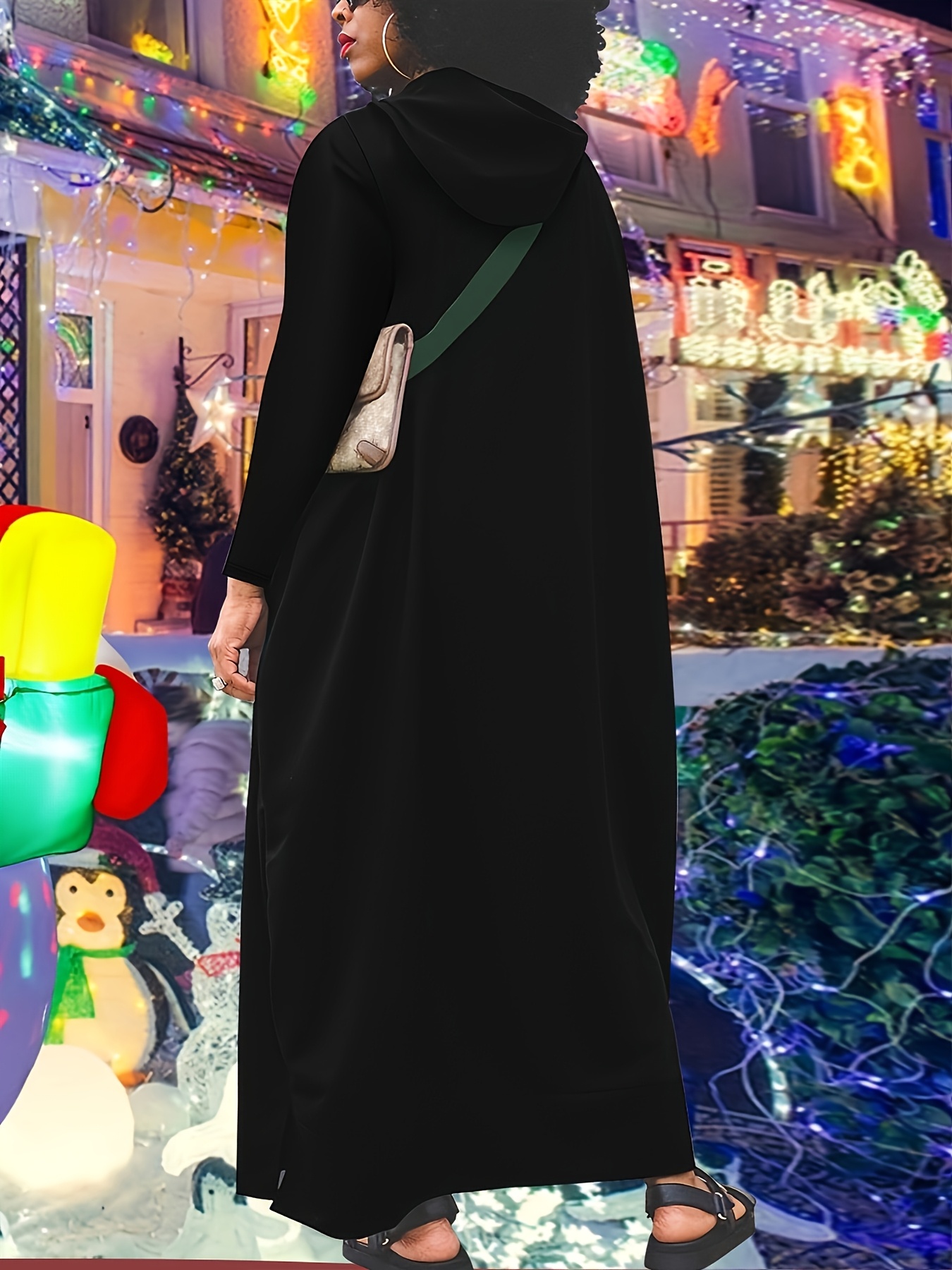 Side Slit Drawstring Hoodie Plus Size Plush Hoodie Maxi Dress  Side Slit,  Drawstring & Pocket (S-5XL) Plus Size Hoodie Dress For Women