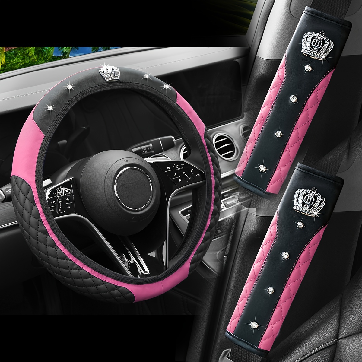 

3pcs Luxury Crown Car Interior Set - Sparkling Rhinestone Faux Leather, No Steering Wheel Cover & Comfortable Seat Belt Shoulder Protector, Dual-tone