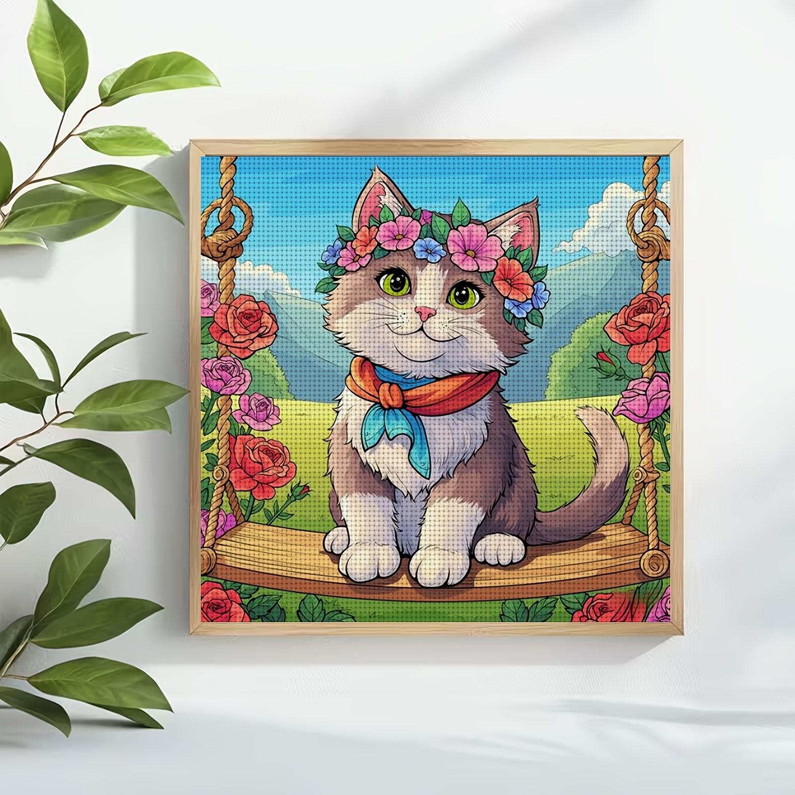Cross-Stitch Kit, Kittens on a Swing with Flower Wreath