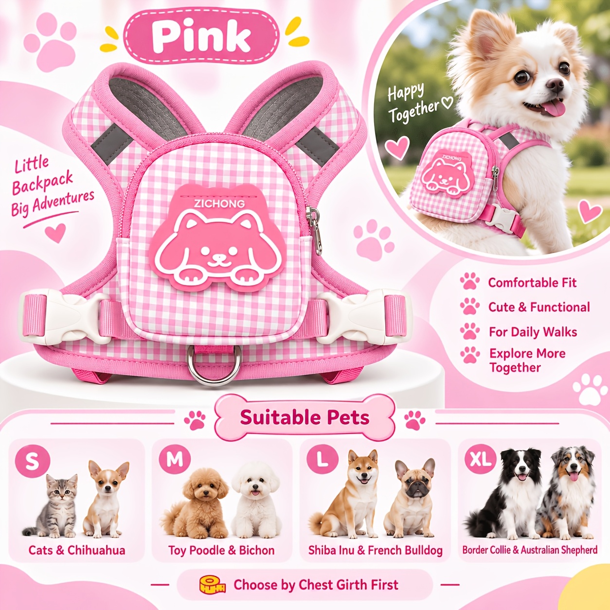 TEMU Cute Dog Harness With Mini Backpack, Adjustable Pet Vest Harness For Small To Medium Dogs, Soft Breathable Puppy Chest Harness With Storage