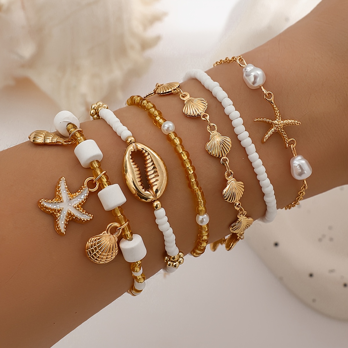 TEMU Ensemble de 6 bracelets empilables, style bohème, perles de verre et chaîne en fer avec pendentifs en émail d'alliage et polymère, étoile de mer