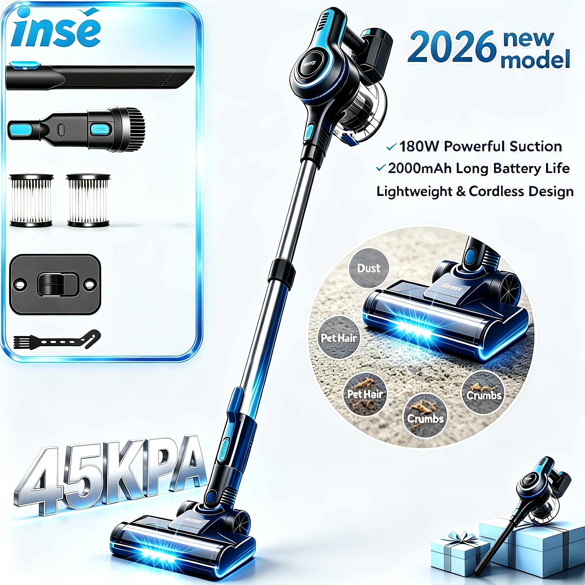 TEMU Inse 45kpa Cordless Vacuum Cleaner, 6-in-1 Handheld Stick Vac With 45-minute , Removable Battery & 1.2l Large Dustbin, Lightweight Wireless