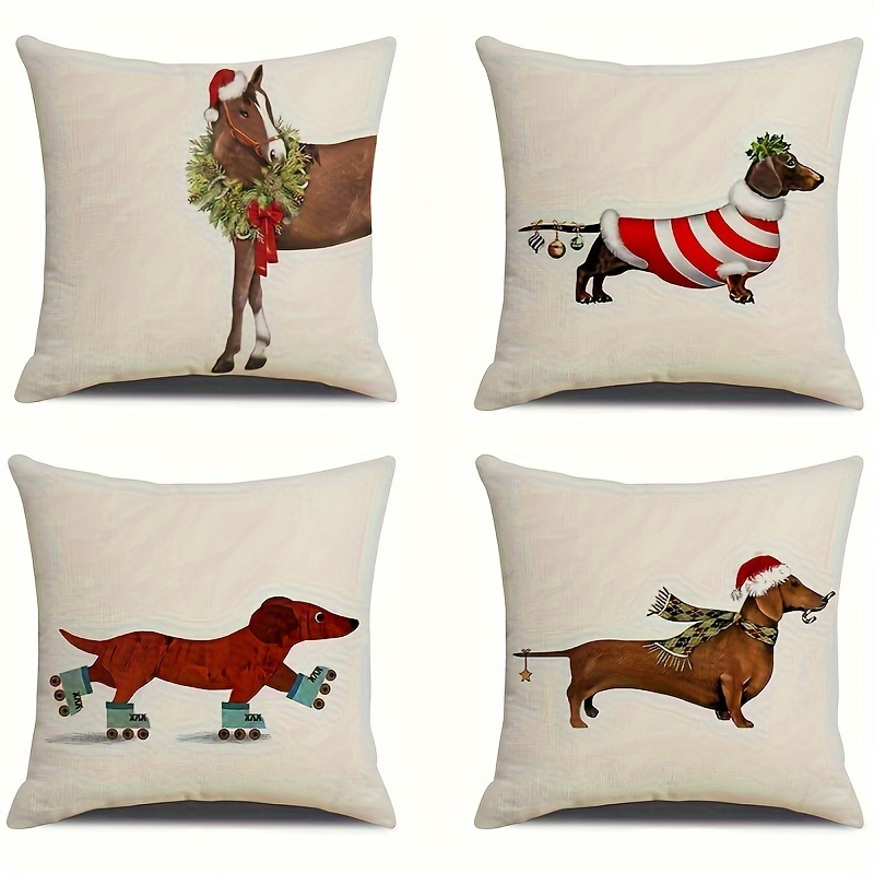 

4pcs Set Cute Christmas Dog & Horse Throw Pillow Covers - Comfortable Polyester, Zip Closure, Allergy-friendly For Sofa & Bedroom Decor