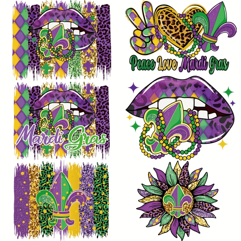 

6pcs Mardi Gras Themed Heat Transfer Vinyl Stickers, Diy Iron-on Patches For Clothing, Washable And Decorations, Vinyl Material With Designs