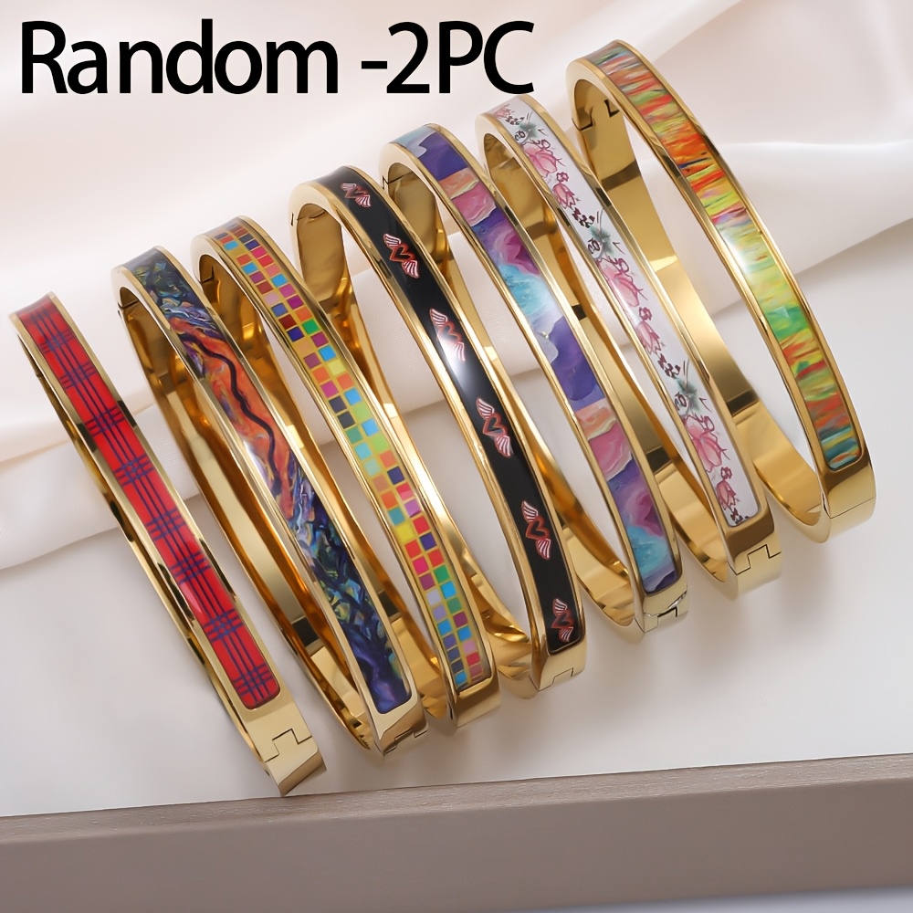 TEMU Random 2pcs Golden Bracelets, Stackable Stainless Steel Bangles, Bohemian Style, Colorful Patterns, Trendy Jewelry Gifts, High-quality Stainless
