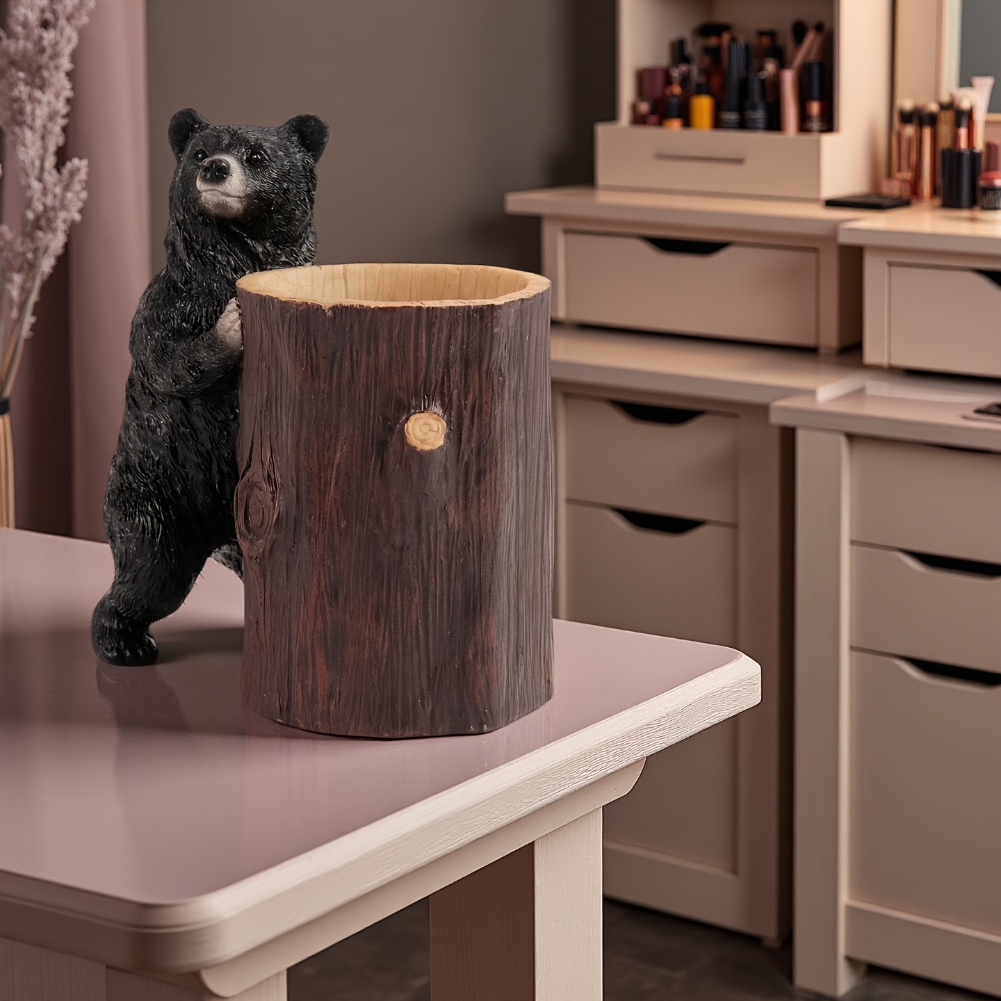 elegant large bear makeup brush holder resin art sculpture with anti   lightweight durable   vanity or bathroom decor ideal for 11 festivals makeup brush holder for vanity decorative unique creative statue ornament lightweight suitable for makeup organizers Product details 1
