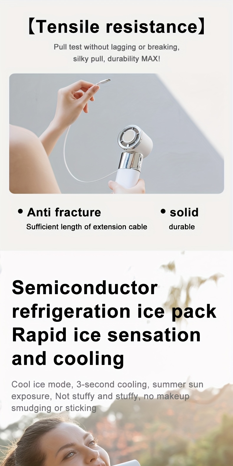 Handheld neck fan with a 130-degree adjustable head, built-in cooling pad on the fan surface for rapid temperature reduction, supports up to 10W fast charging via large 6000mAh battery, includes creative retractable lanyard and buckle strap