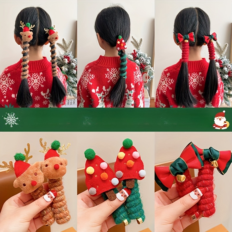 

2pcs Christmas Hair Ties For Girls - Cute Style Spiral Ponytail Holders With Reindeer & Bow Accents, Cartoon , Coils In Khaki/red/green - Gift Set