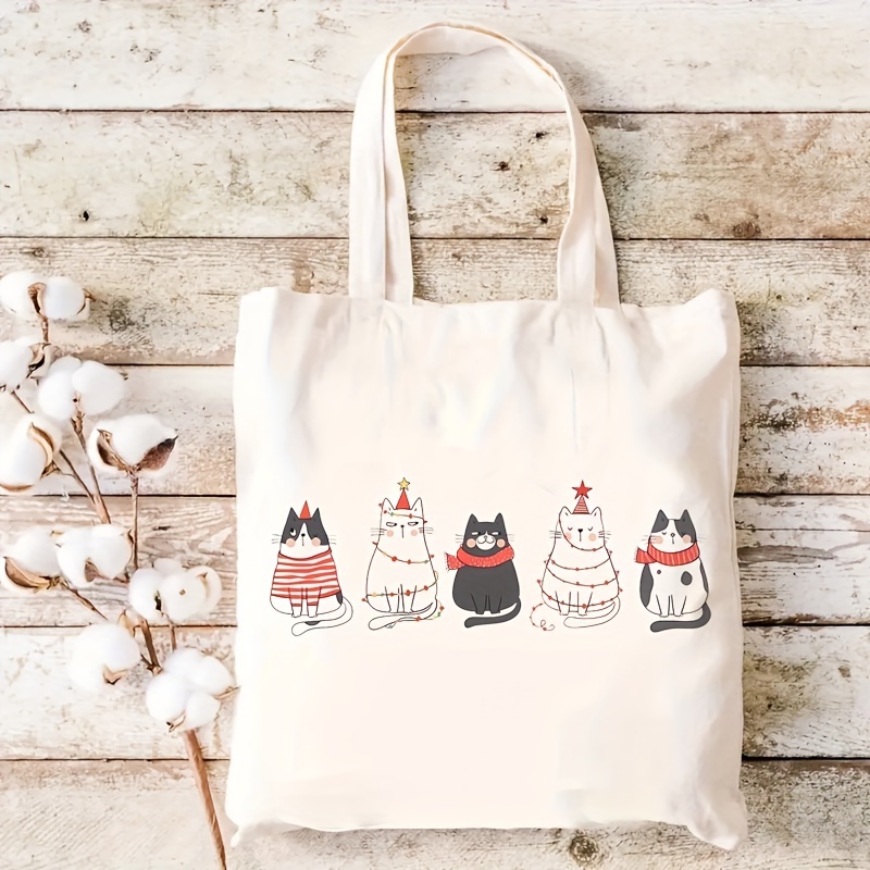 

Cute Christmas Tree Cats Canvas Tote Bag: Festive, Reusable, Large Capacity, Handmade, Gifts Or Shopping