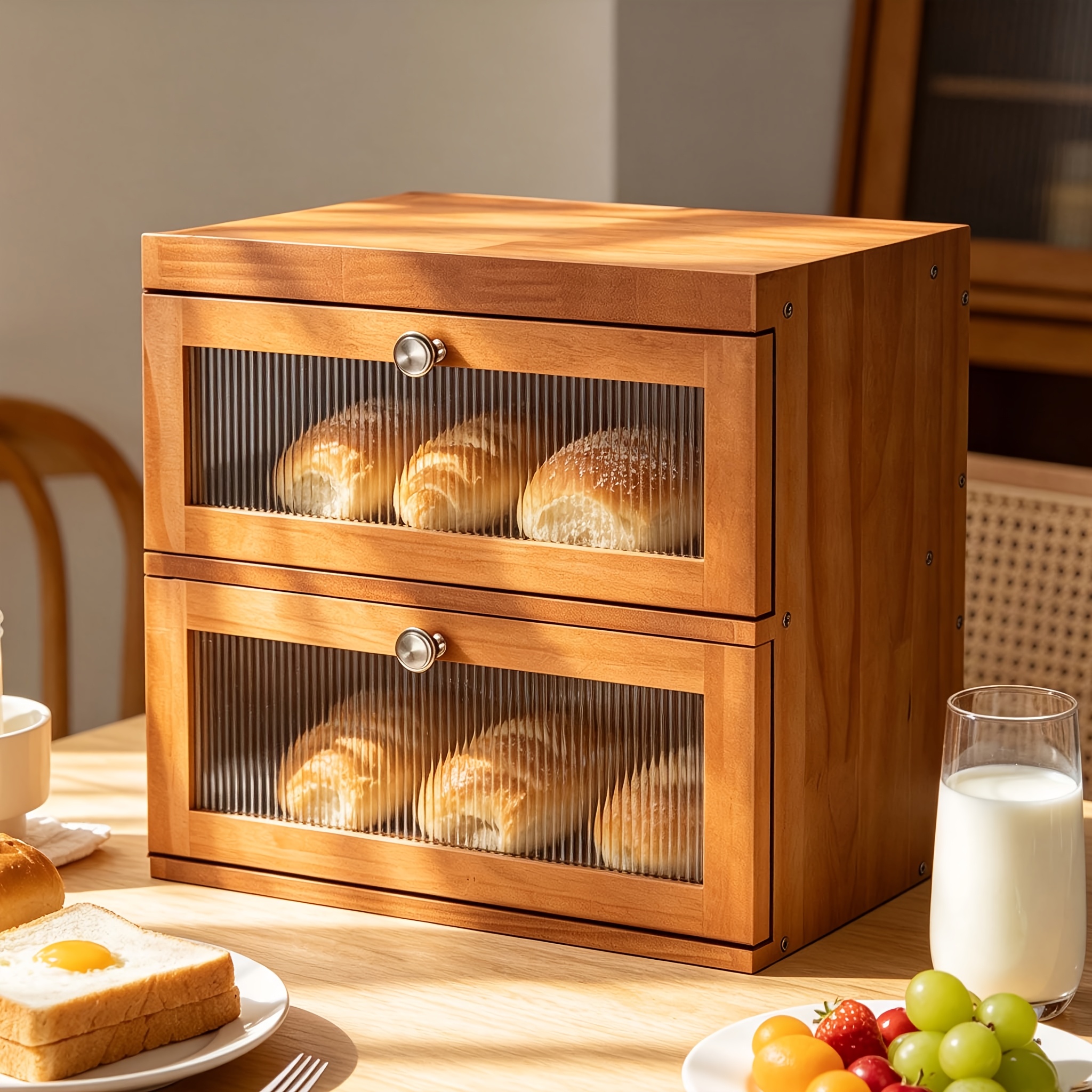TEMU Solid Wood Double-layer Pine Bread Box, Wooden Storage Bin For Bread, Pastry & Dessert, Large Capacity Countertop Storage & Spice Rack For