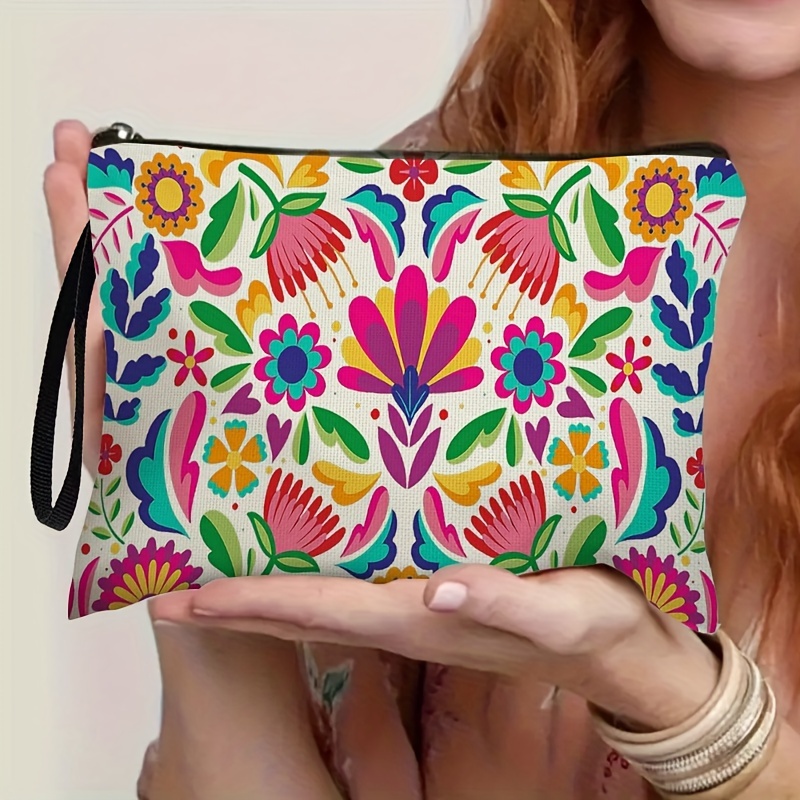 TEMU 1 ud., Neceser de Maquillaje Floral - Diseño Colorido de Flores y Verde, Negro, para Viajes, Uso Diario y Regalos para Mujeres, Diseño de ,