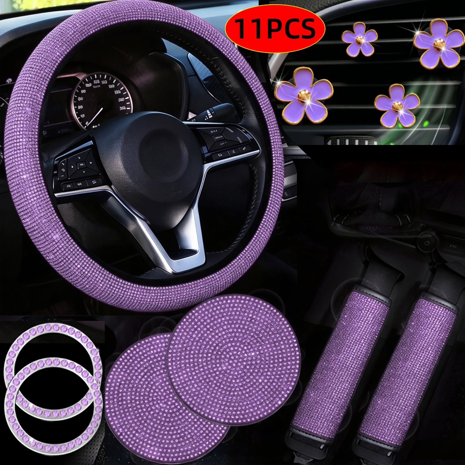 TEMU 11pcs Luxury Sparkling Car Steering Wheel Cover Set, Artificial Rhinestone Material - Universal Shoulder Pads, Cup Holders, Start Rings, And