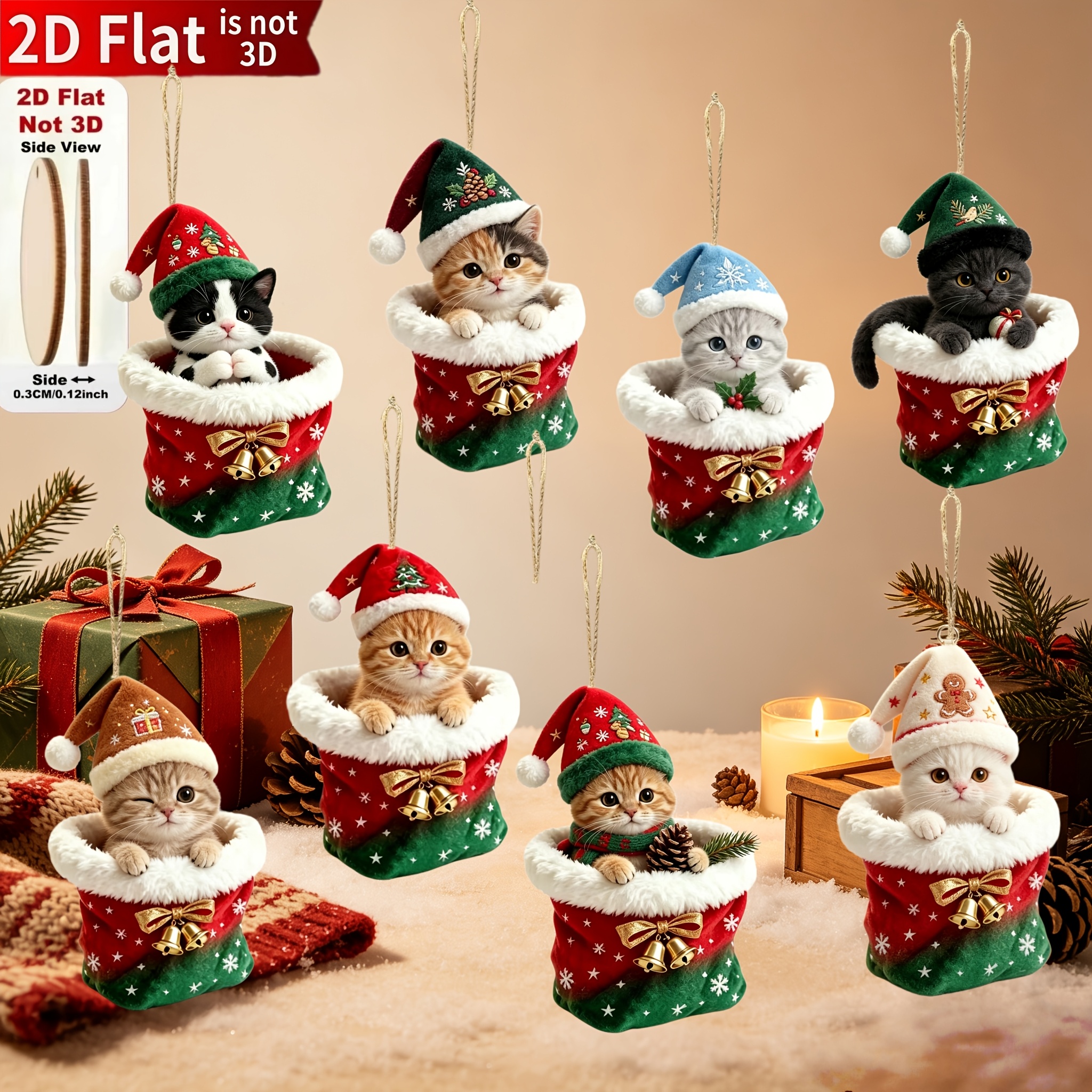 TEMU 2d Flat, 2d Flat 8pcs Pocket Kitten Wooden Christmas Ornaments, Classic Holiday Element Printed Design Decor, An Excellent Choice For Christmas
