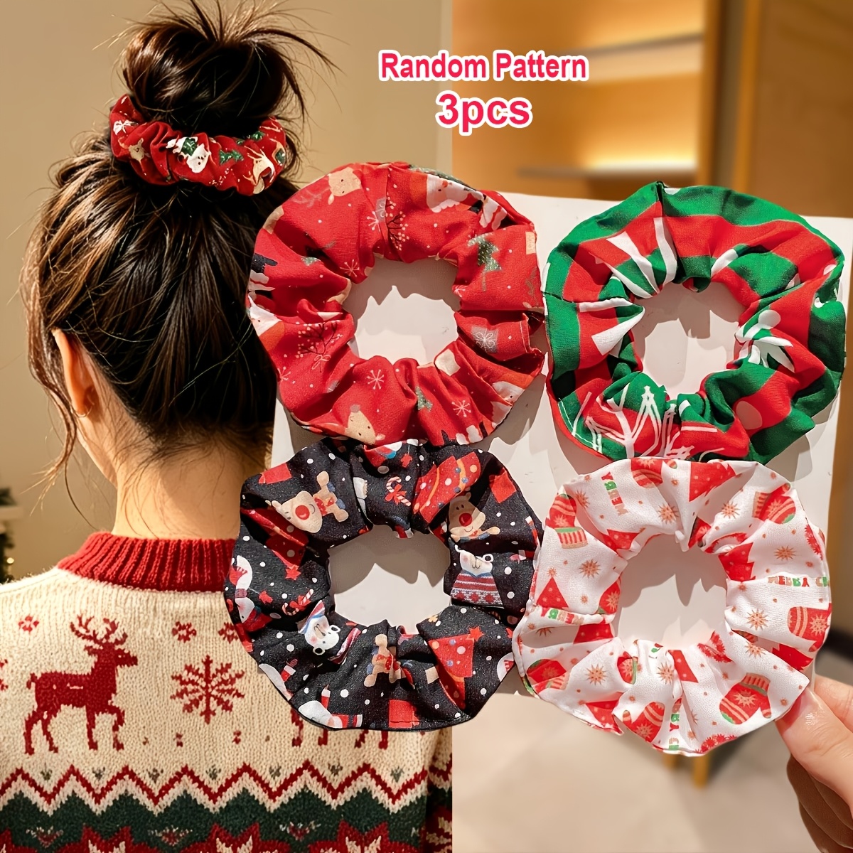 TEMU 3pcs Women's Fashion Simple Christmas Hair Ties For, Large Hair Loops With Random Patterns, Colorful High-elasticity Hair Ties That Are Hair,