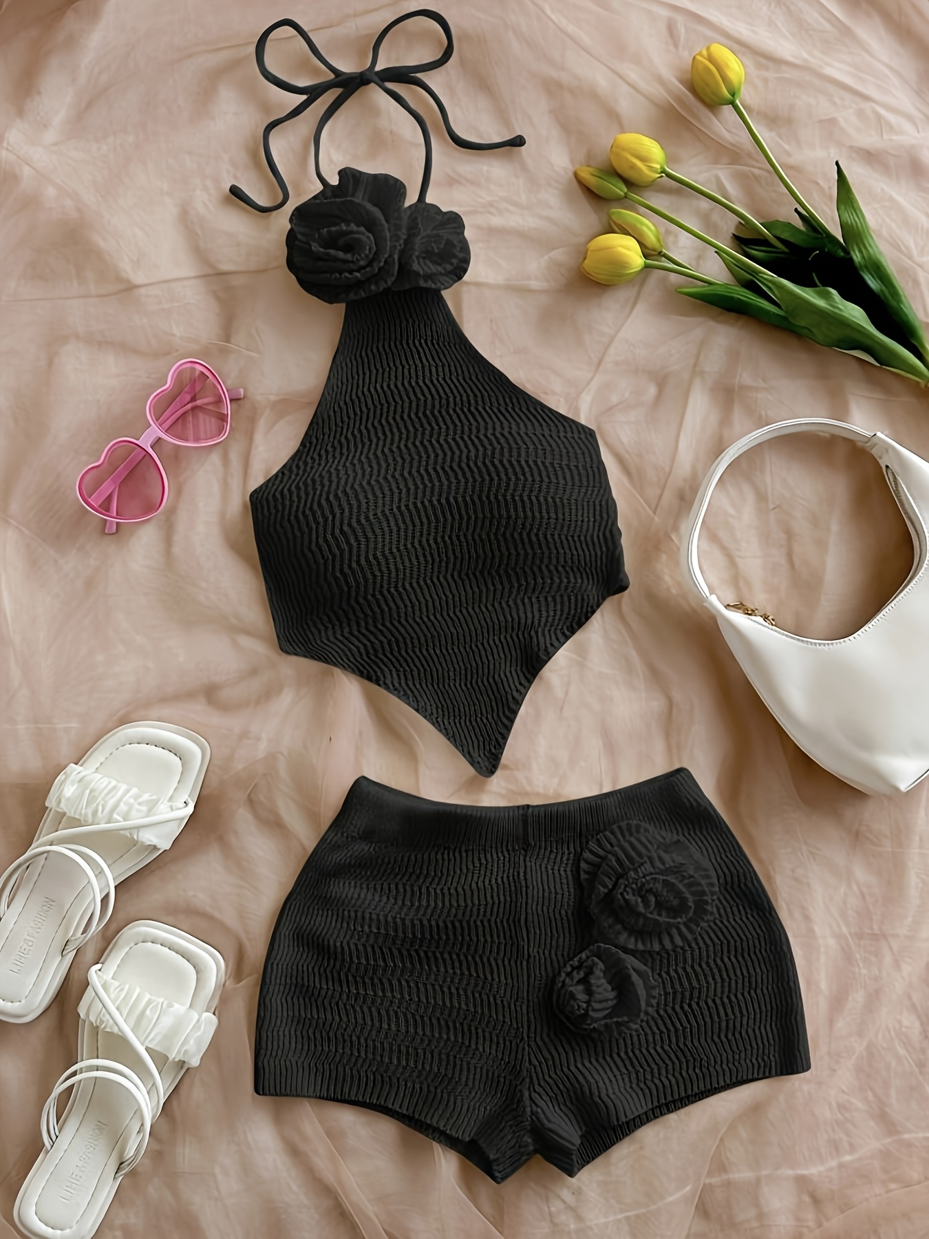 handmade 3d floral halter neck vest with   scarf   backless belly band   short shorts     fabric two piece set summer   Product details 0