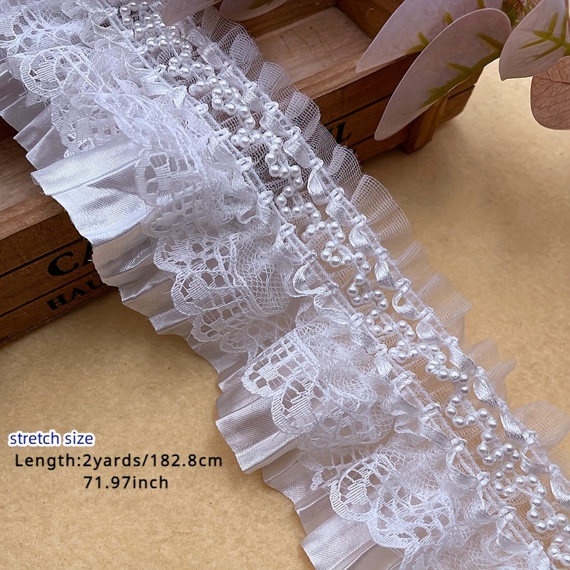 E-shop 2 Meter elastische Rüsche Spitzenbesatz mit Kunstperlen, Stretch Falten Spitzenbandkante für Basteln, Kleid und Ärmelverzierungen, Nähzubehör
