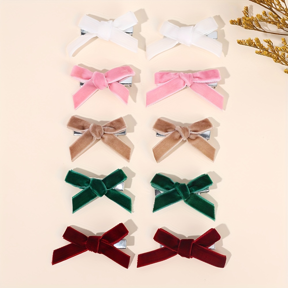 

10 Pcs Velvet Bow Hair Clips Set, Cute Solid Color Hair Accessories For Girls, Green, Fashion, Youth , Polyester, Gift Idea