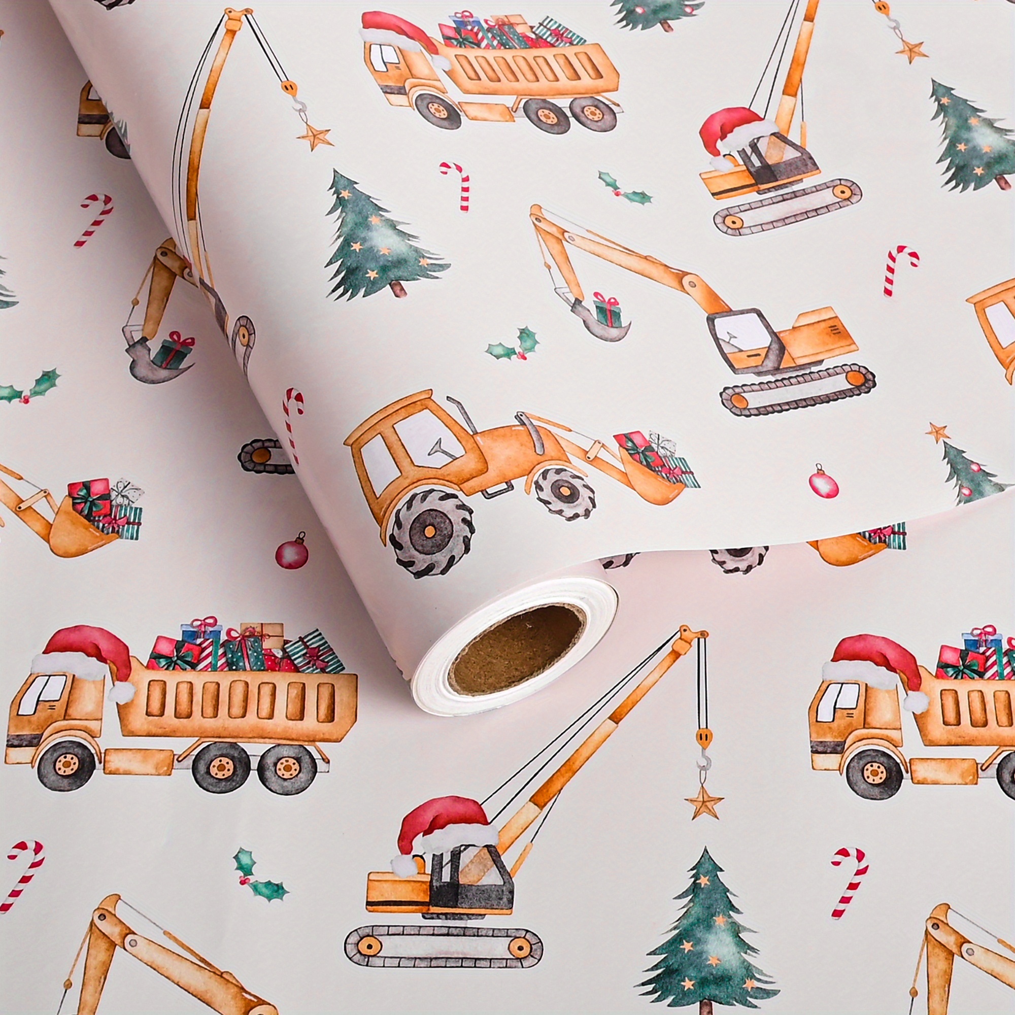 TEMU Construction Christmas Wrapping Paper Roll - Holiday Xmas Wrapping Paper With Dump Trucks, , Excavators With Santa Hats & Gifts, Christmas Tree