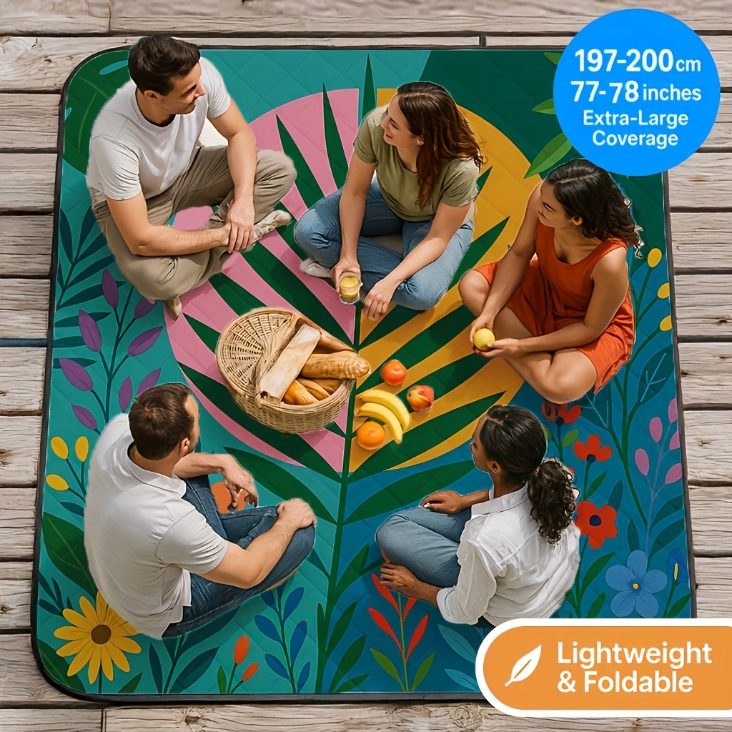 TEMU Extra Large 200x200cm Foldable Picnic Blanket | Soft And Thickened Layer Design, Floral And Fruit Print, With Handles, Pu-coated Oxford Fabric,