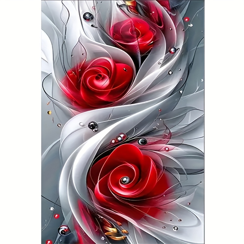TEMU 1pc Elegant Red Rose & White Feather Painting Kit - Acrylic , Ideal For Beginners, Home Decor Or Gift, Adult Beginner Craft Kit|elegant | Petal