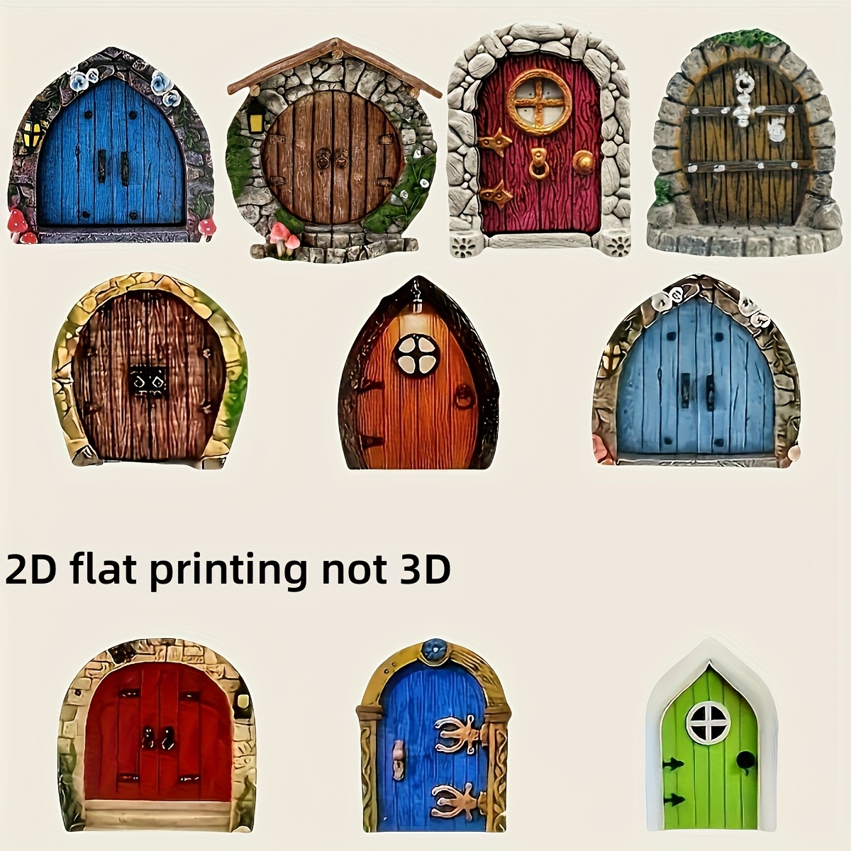 Image of 2d Flat 10pcs Set Of 2d Mini Fairy Garden Door - 3.15-inch Dwarf Design, Wooden Material, Theme, Artistic Style Outdoor Garden Decoration, Magical Landscape, Blue, Brown, Green, Suitable For Weddings
