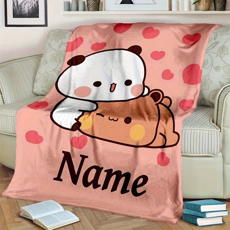 TEMU 1pc Coperta in flanella personalizzata con tema orso Bubu & Dudu - Stampa personalizzata del /numero, rosa chiaro con decorazioni a cuore,