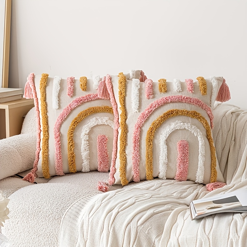 Image of Pink Heart Pillowcase, Embroidered Tufted And Tassel Embellishment, Fiber, Zipper Closure - Perfect For Living Room, Bedroom, Garden Party, Decorative Pillow