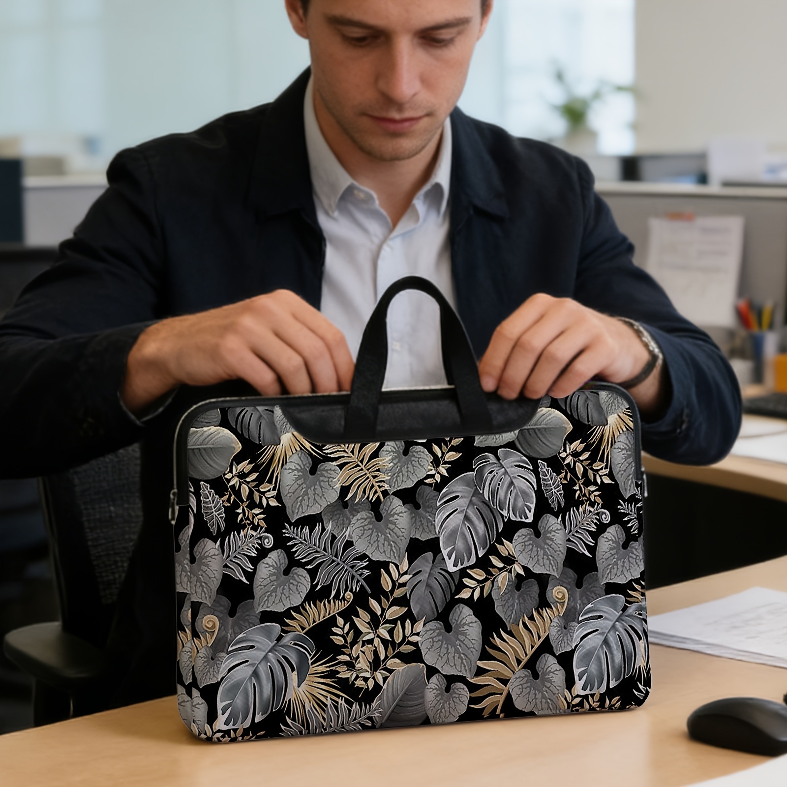 item picture 1pc portable laptop sleeve minimalist handbag for computer with golden and silvery   leaf print grey   pattern     laptop bag with zipper closure and hand handle business travel computer case