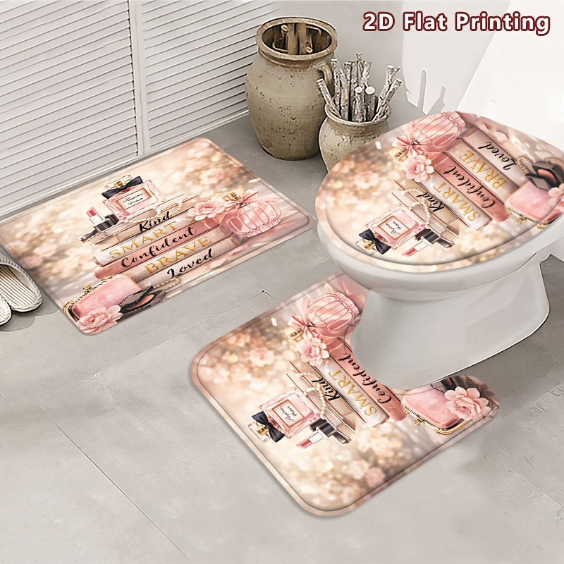 4pcs 2D Flat Beauty Shower Curtain Set with U-Shaped Toilet Lid Cover